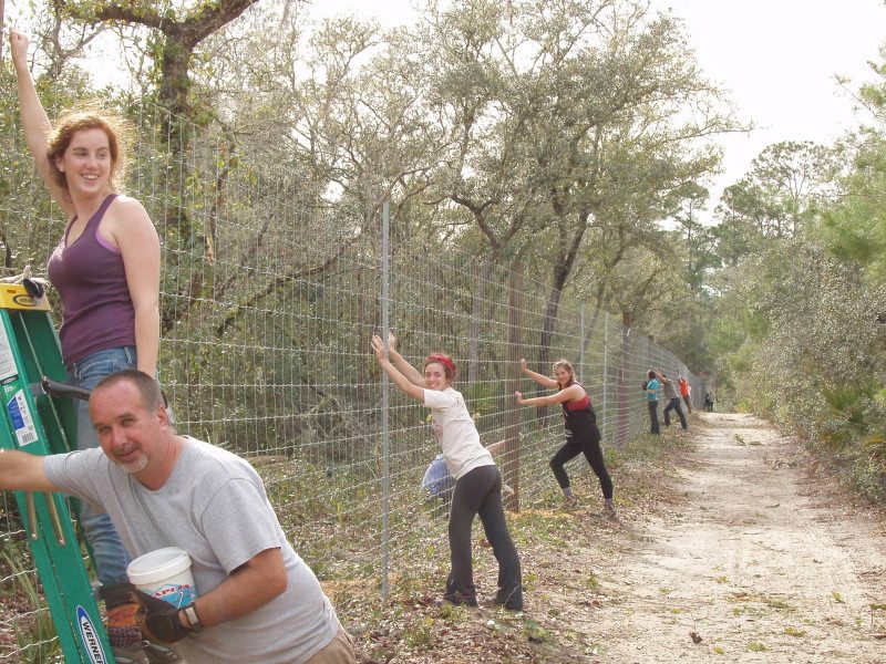 Volunteers building perimeter fence